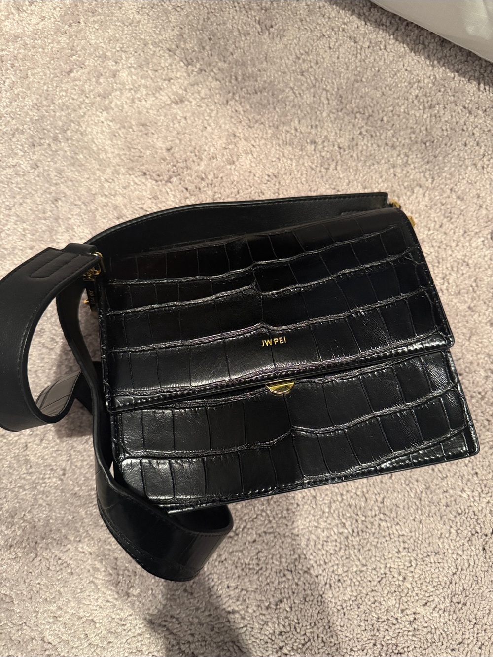JW PEI Black Croc-Embossed Crossbody Shoulder Bag
